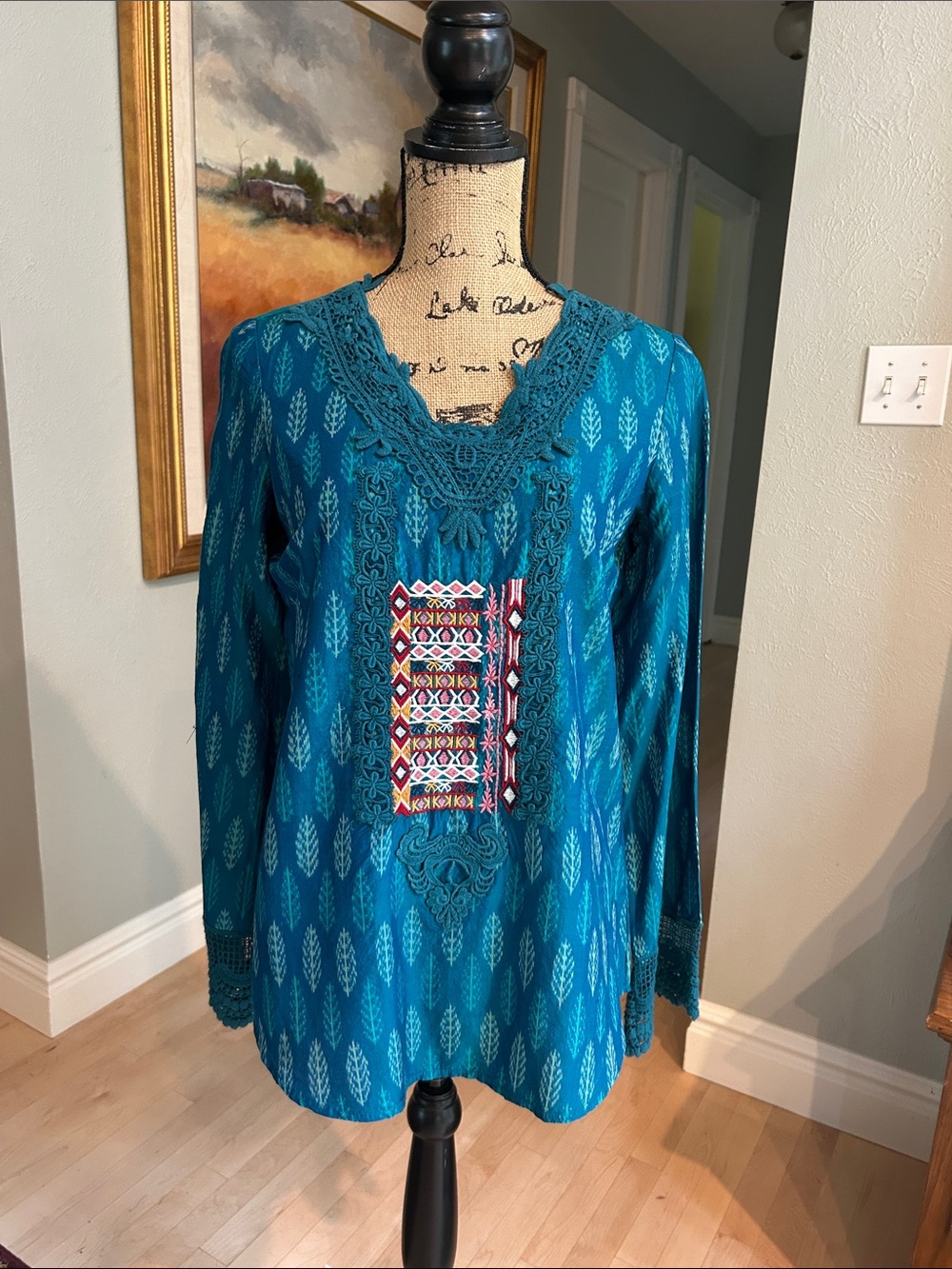 Sundance Teal Embroidered V-Neck Tunic with Colorful Chest Panel
